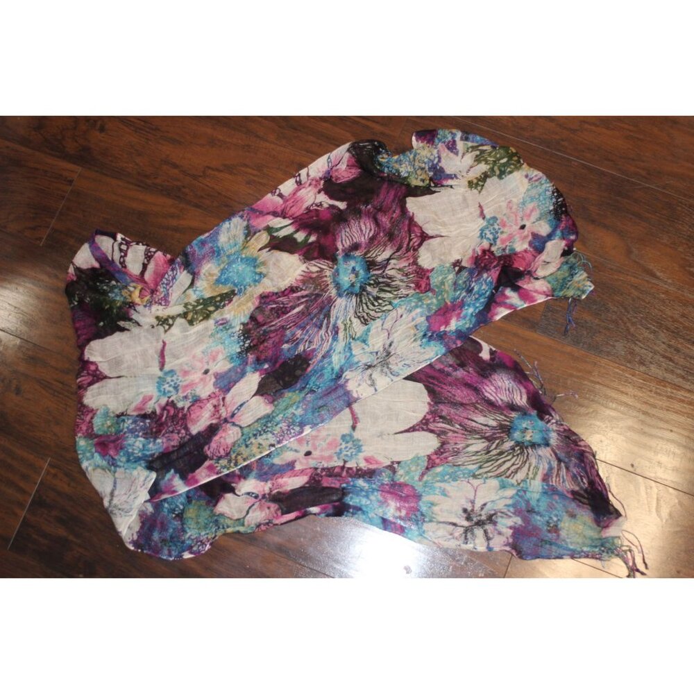 Chicos Floral Lightweight Scarf Wrap 49% Rayon 51% Wool Multicolor Womens EUC